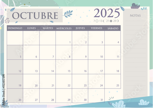 Calendario mensual 2025 en Español. OCTUBRE 