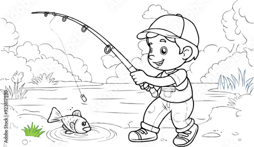 coloring page a simple drawing of red yellow with baby girl & boy fishing, vector illustrator