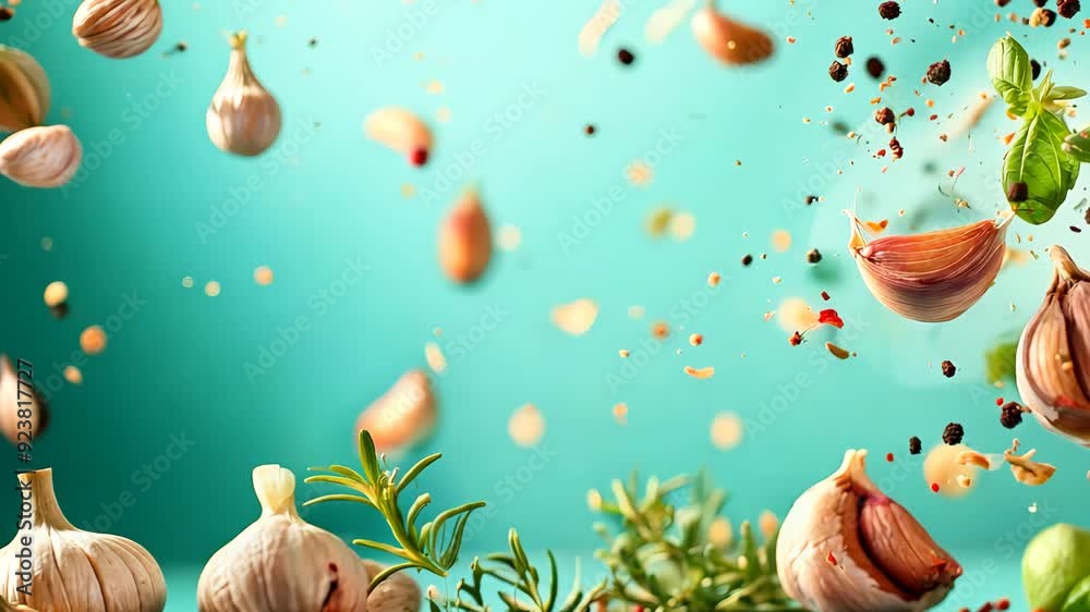 Fresh herbs and garlic spices falling against turquoise background Fresh herbs and garlic spices falling against turquoise background