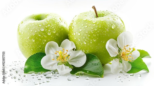 Fresh green apple with water drops and apples flowers isolated on white background photo