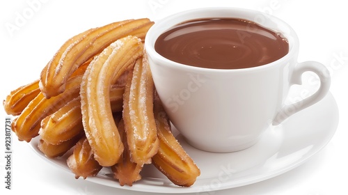 Spanish churros with a cup of thick hot chocolate for dipping, sweet and indulgent, isolated on a white background