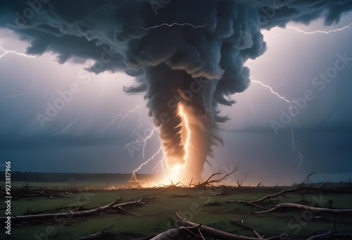 dramatic and powerful tornado. Lightning thunderstorm flash over the night sky. Concept on topic weather, cataclysms (hurricane, Typhoon, tornado, storm). Stormy Landscape