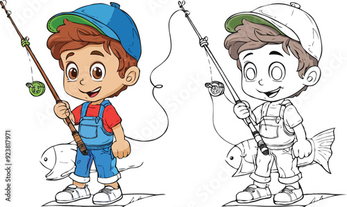 coloring page a simple drawing of red yellow with baby girl & boy fishing, vector illustrator