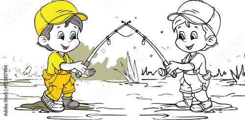 coloring page a simple drawing of red yellow with baby girl & boy fishing, vector illustrator