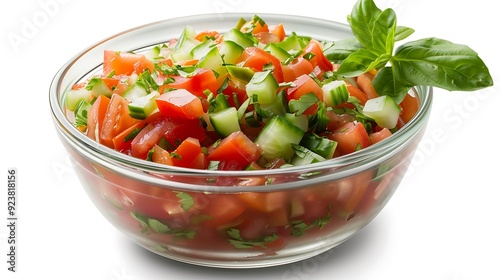 Bowl of gazpacho with fresh tomatoes, cucumbers, and peppers, chilled and refreshing, isolated on a white background