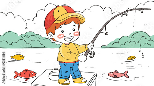 coloring page a simple drawing of red yellow with baby girl & boy fishing, vector illustrator