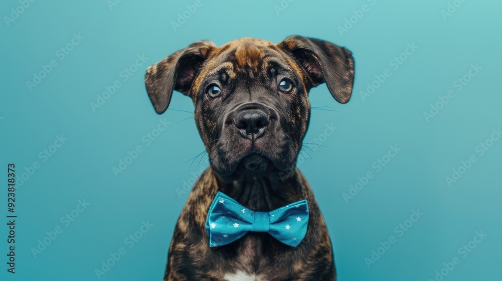 Portrait of adorable brindle Cane Corso puppy wearing a blue bow tie sitting up and looking at the camera on a turquoise background Portrait of adorable brindle Cane Corso puppy wearing a blue bow tie sitting up and looking at the camera on a turquoise background