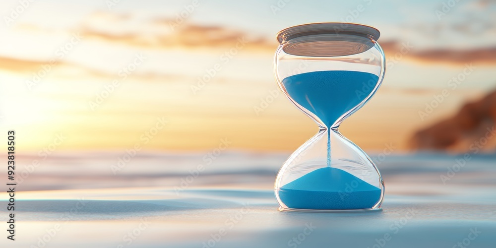 Fototapeta premium An hourglass with blue sand on the beach at sunset, symbolizing time and hope.
