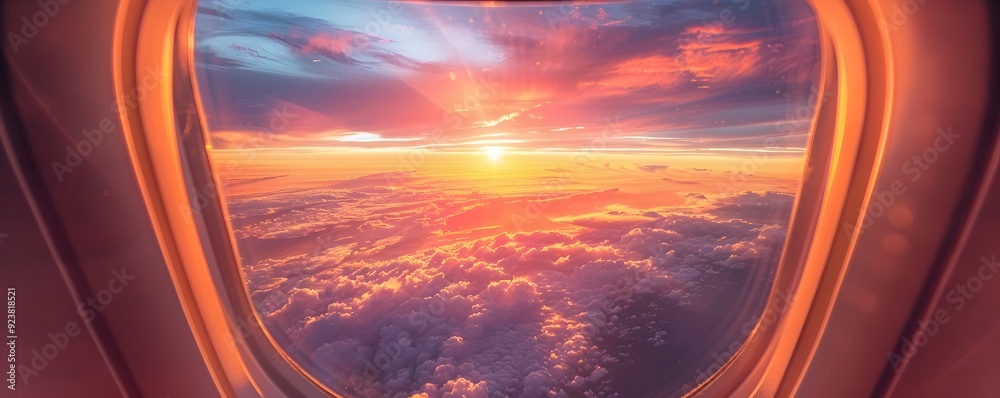 Airplane Window View of Sunset Over Clouds
