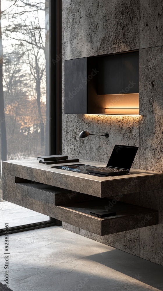 Minimalist Workspace with Floating Desk and Laptop Minimalist Workspace with Floating Desk and Laptop