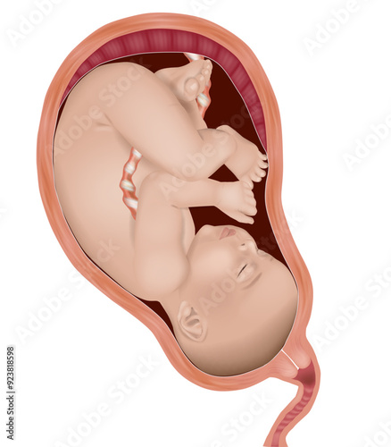 Pregnant anatomy and the fetus. Anatomy of pregnancy of the Baby in the womb of a pregnant mother. Side view