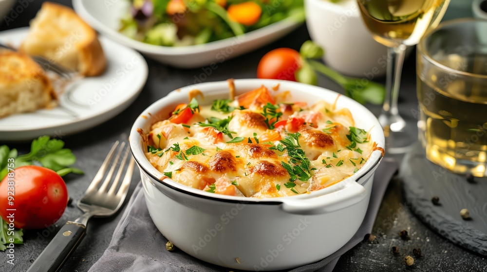 Close-up of a delicious baked pasta dish with cheese, tomato and herbs, served with salad and a glass of white wine. Close-up of a delicious baked pasta dish with cheese, tomato and herbs, served with salad and a glass of white wine.