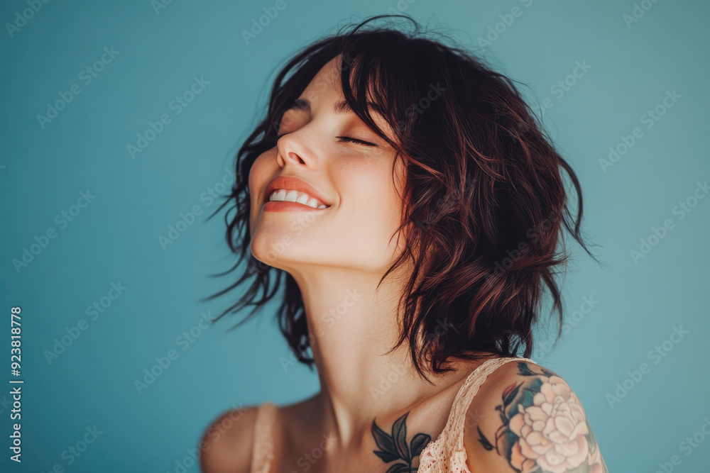 A close up of a woman's face with tattoos and her eyes closed