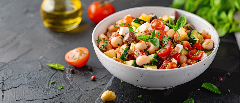 Bowl of fresh salad with beans, tomatoes, zucchini, and herbs. Bowl of fresh salad with beans, tomatoes, zucchini, and herbs.