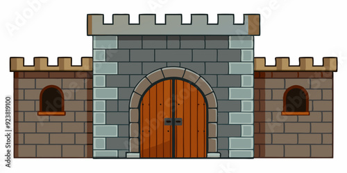 Stone castle wall vector background, medieval brick gate, old town entrance, wooden ancient door. History gray fortification clipart isolated on white, fantasy RPG royal tower. Masonry castle wall 