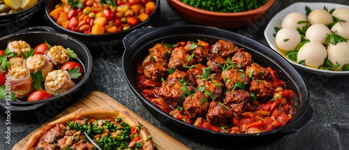 Close up of a delicious Mediterranean meal with meat, vegetables and herbs in a rustic setting.