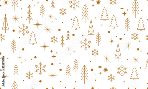 Seamless pattern with Christmas tree, snowflake, golden star. Christmas, new year design in golden color on a light background. Trendy modern vector illustration. Cute hand drawn flat design
