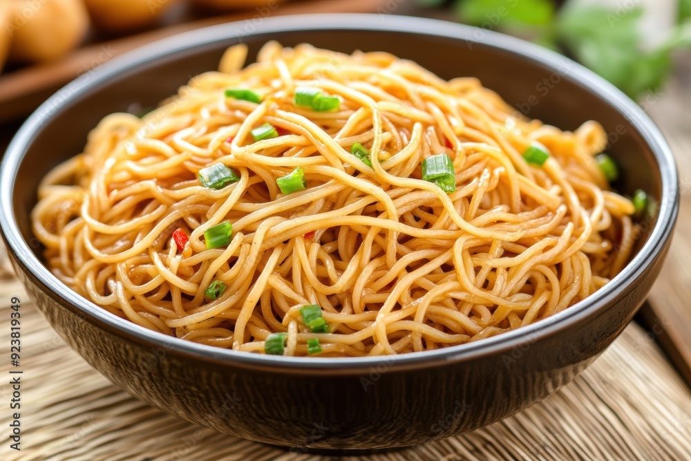 Savory soy sauce noodles garnished with green onions in bowl Savory soy sauce noodles garnished with green onions in bowl