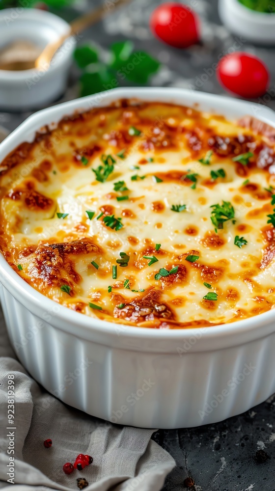 Closeup of a cheesy, golden brown casserole in a white baking dish.