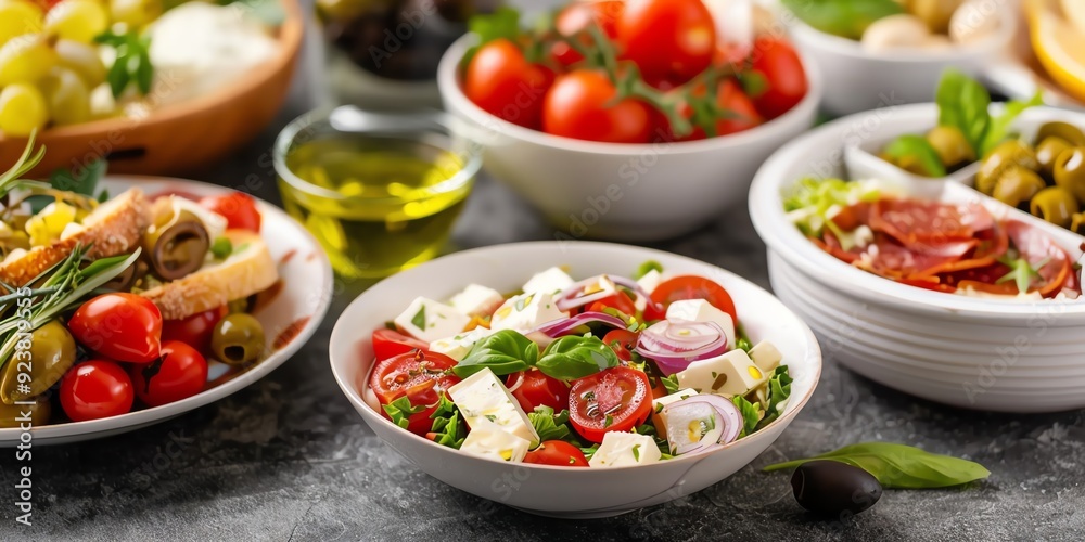 Close up of a Mediterranean salad with tomatoes, feta cheese, olives and red onion. Close up of a Mediterranean salad with tomatoes, feta cheese, olives and red onion.
