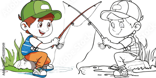 coloring page a simple drawing of red yellow with baby girl & boy fishing, vector illustrator