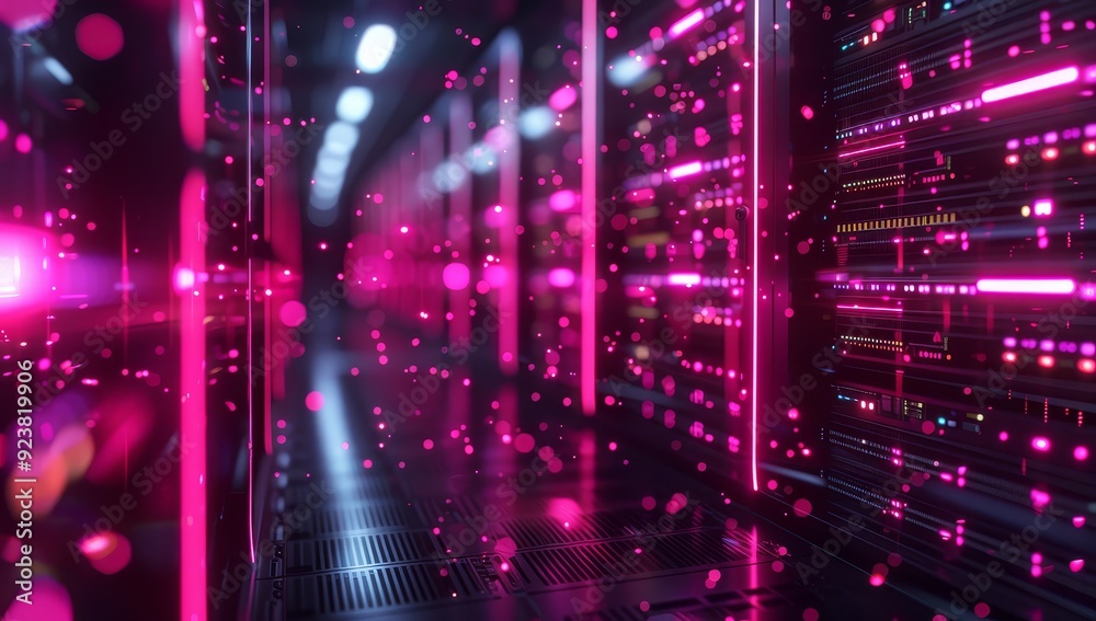 A vibrant pink and purple data stream flows from one server rack to
