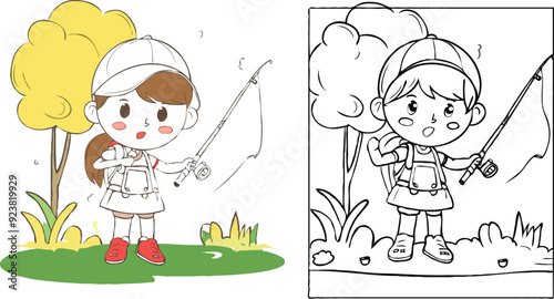 coloring page a simple drawing of red yellow with baby girl & boy fishing, vector illustrator