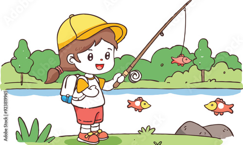 coloring page a simple drawing of red yellow with baby girl & boy fishing, vector illustrator