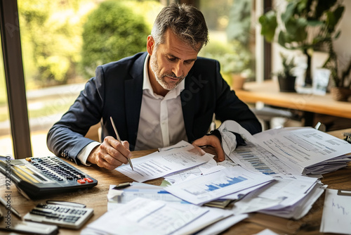 A businessman sits at a desk, meticulously calculating his business balance in preparation for tax deductions. photo