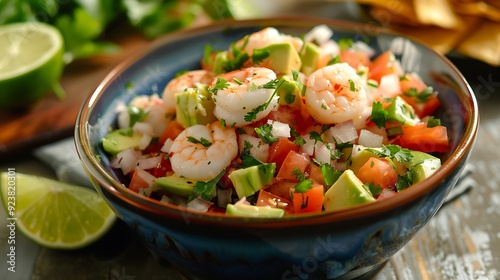 Bowl of vibrant ceviche with fresh shrimp, avocado, tomatoes, and lime juice, garnished with cilantro and tortilla chips, refreshing and zesty photo