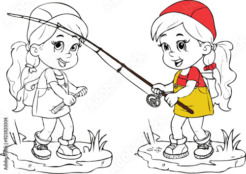 coloring page a simple drawing of red yellow with baby girl & boy fishing, vector illustrator