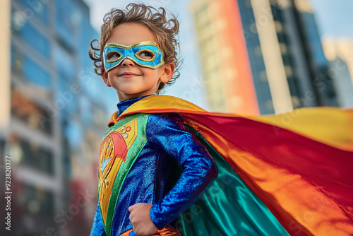 A child superhero strikes a powerful pose, dressed in a vibrant, imaginative costume photo