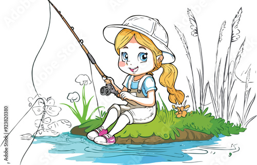 coloring page a simple drawing of red yellow with baby girl & boy fishing, vector illustrator