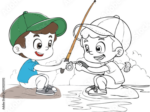 coloring page a simple drawing of red yellow with baby girl & boy fishing, vector illustrator