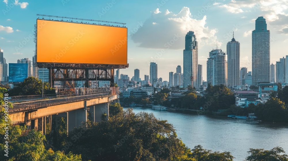 Billboard on a bridge, with the river and city skyline visible in the background. Billboard on a bridge, with the river and city skyline visible in the background.