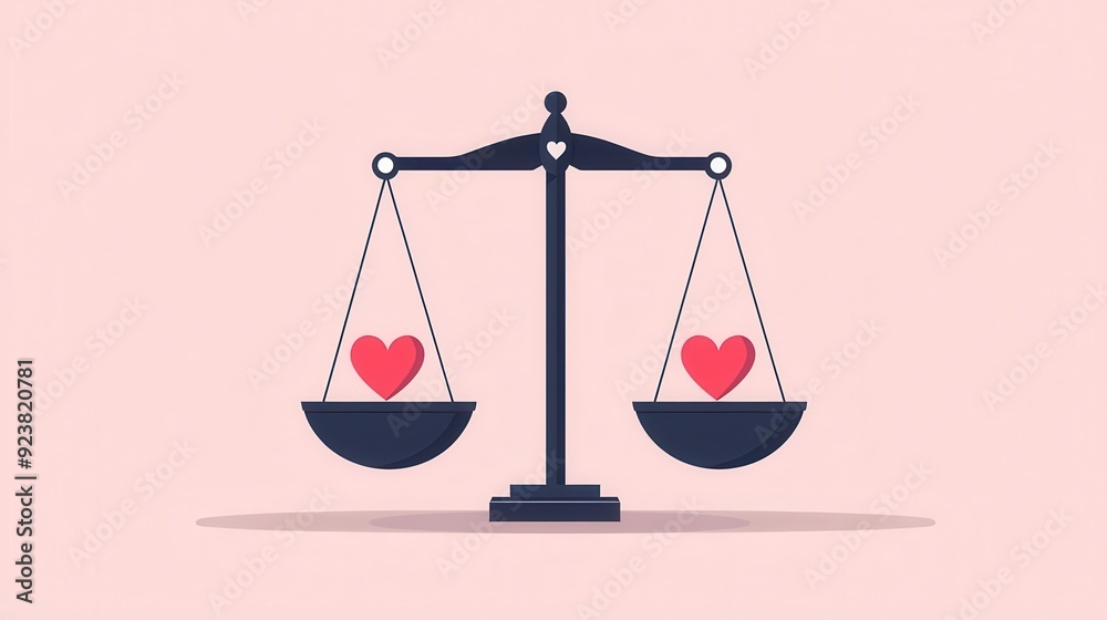 Justice scales with a heart, blending morality and fairness, flat design illustration Justice scales with a heart, blending morality and fairness, flat design illustration