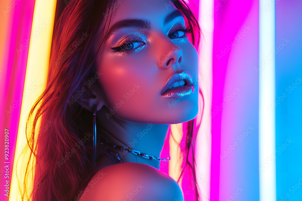 A fashion model with brunette hair poses in a studio bathed in colorful, bright neon lights.