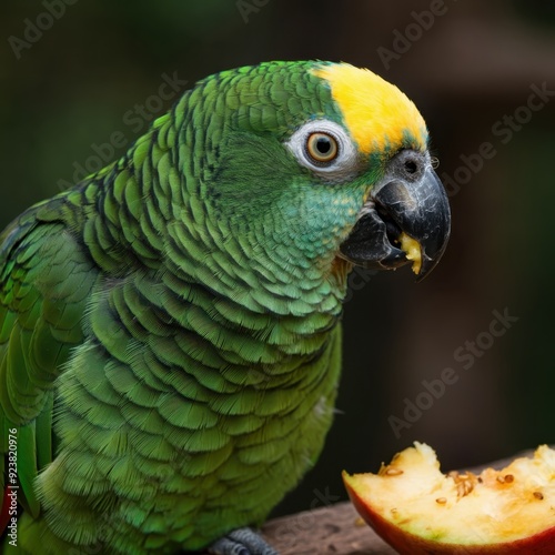 Selective focus on a green New Zealand parrot enjoying a meal in captivity photo