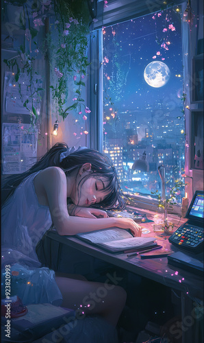 a girl sleeping in her desk in her room, aesthetic room, window,breeze blowing through her hair,FM radio at her side photo