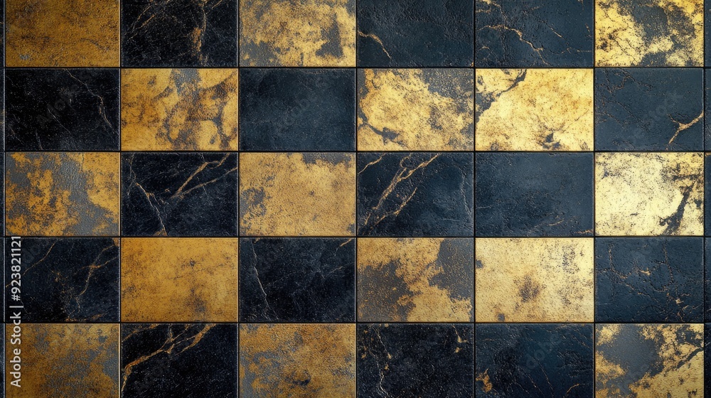 Black and gold tiles in a checkerboard pattern, combining elegance and drama for a striking visual effect.