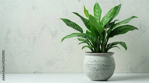 Green plant in vase on white background with text space Image has noise and grain