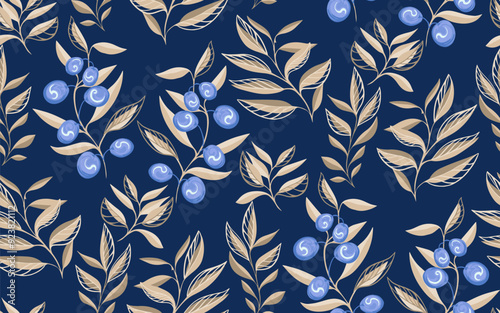 Abstract artistic branches with olive berries, shapes leaves seamless pattern on a dark background.  Creative beige leaf stems printing. Vector hand drawing sketch. Template for designs, textile