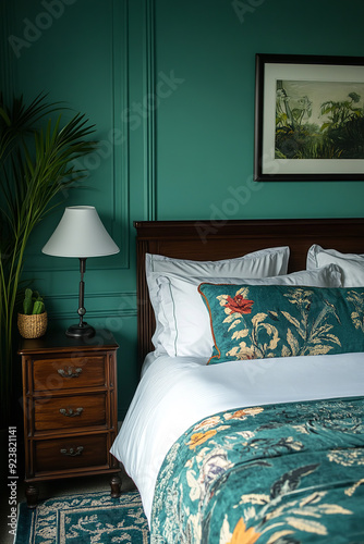 A guest room painted in tranquil teal, creating a serene and refreshing atmosphere that blends blue's calmness with green's vitality photo