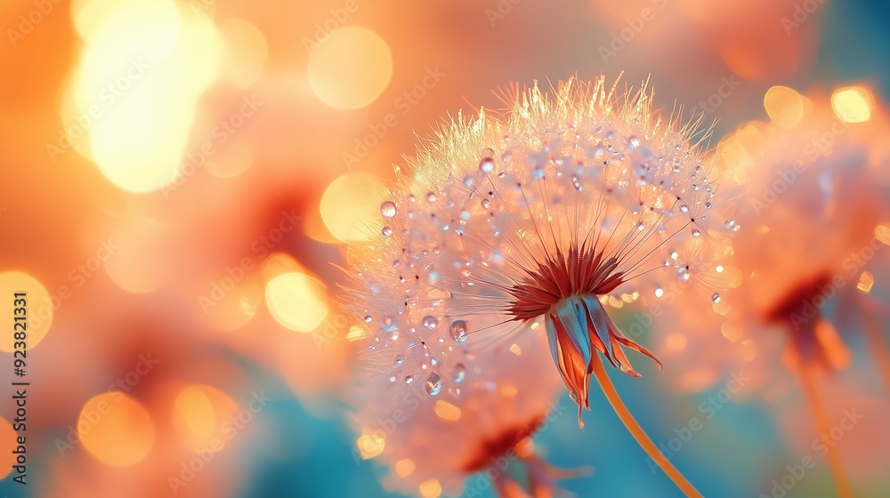 Obraz premium Dew-kissed dandelion puff against a vibrant sunset backdrop in a serene garden