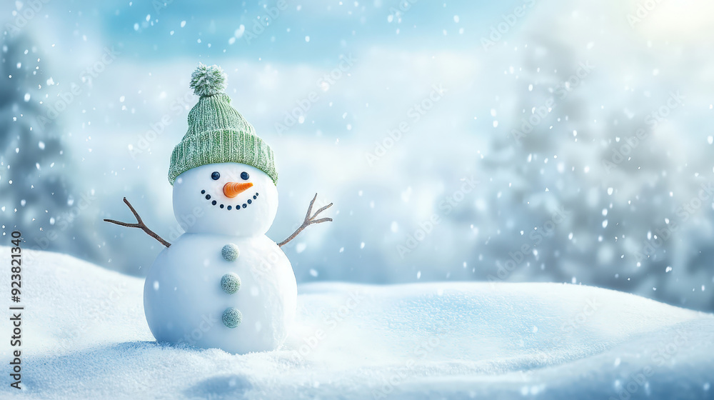 Snowman with Green Knit Hat Standing in Snowy Winter Landscape