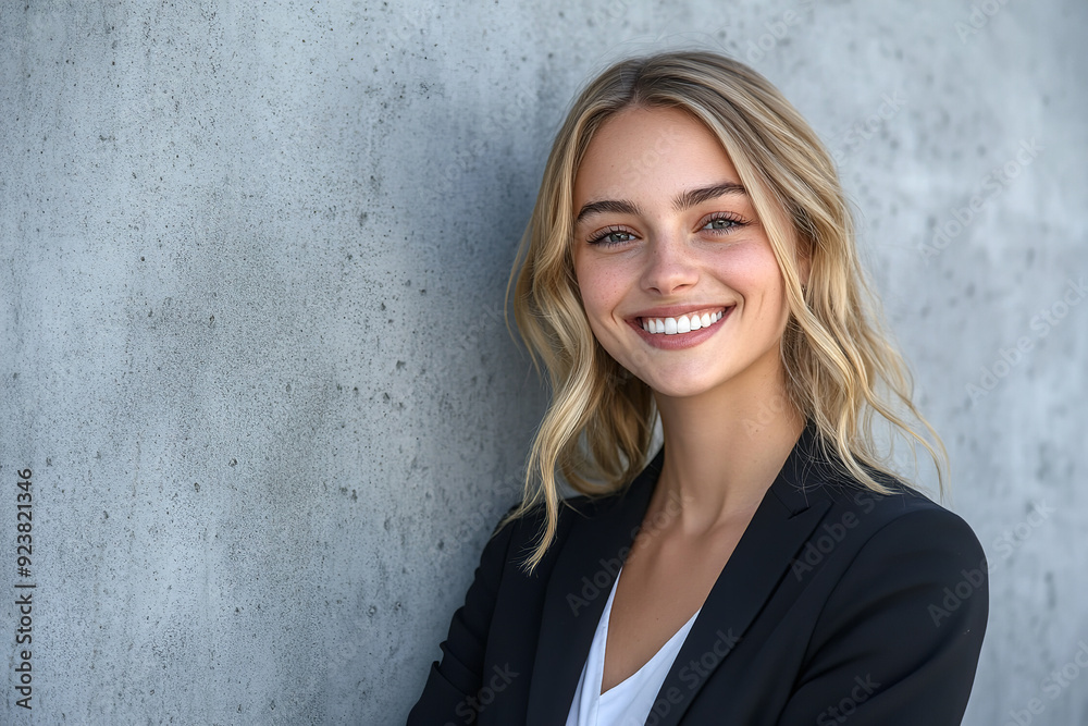 A happy young business woman poses confidently against a grey wall background. A happy young business woman poses confidently against a grey wall background.