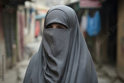 Portrait of veiled woman in urban setting