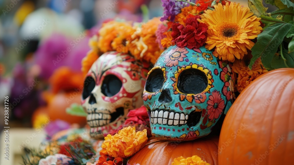 Fototapeta premium Pumpkins with Dia de los Muertos masks, vibrant colors, and floral decorations, Halloween, cultural celebration