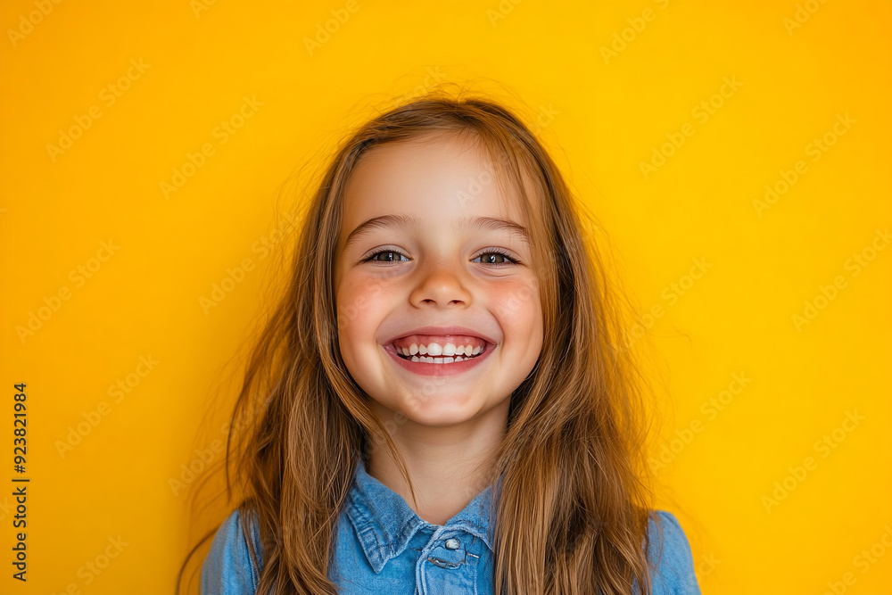 A portrait of a cheerful girl radiates joy and excitement against a bright, vivid yellow background. A portrait of a cheerful girl radiates joy and excitement against a bright, vivid yellow background.