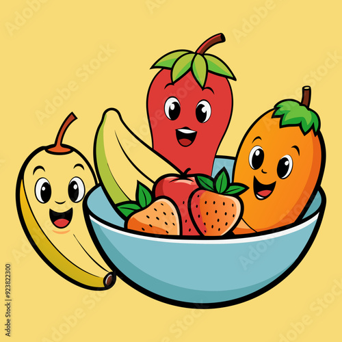 banana strawberry orange mangoes are happy breakfast vector illustration